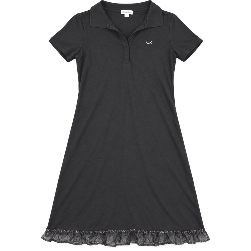 Calvin Klein Black Polo Dress Short Sleeve Glitter Ruffle Hem CK Logo Small